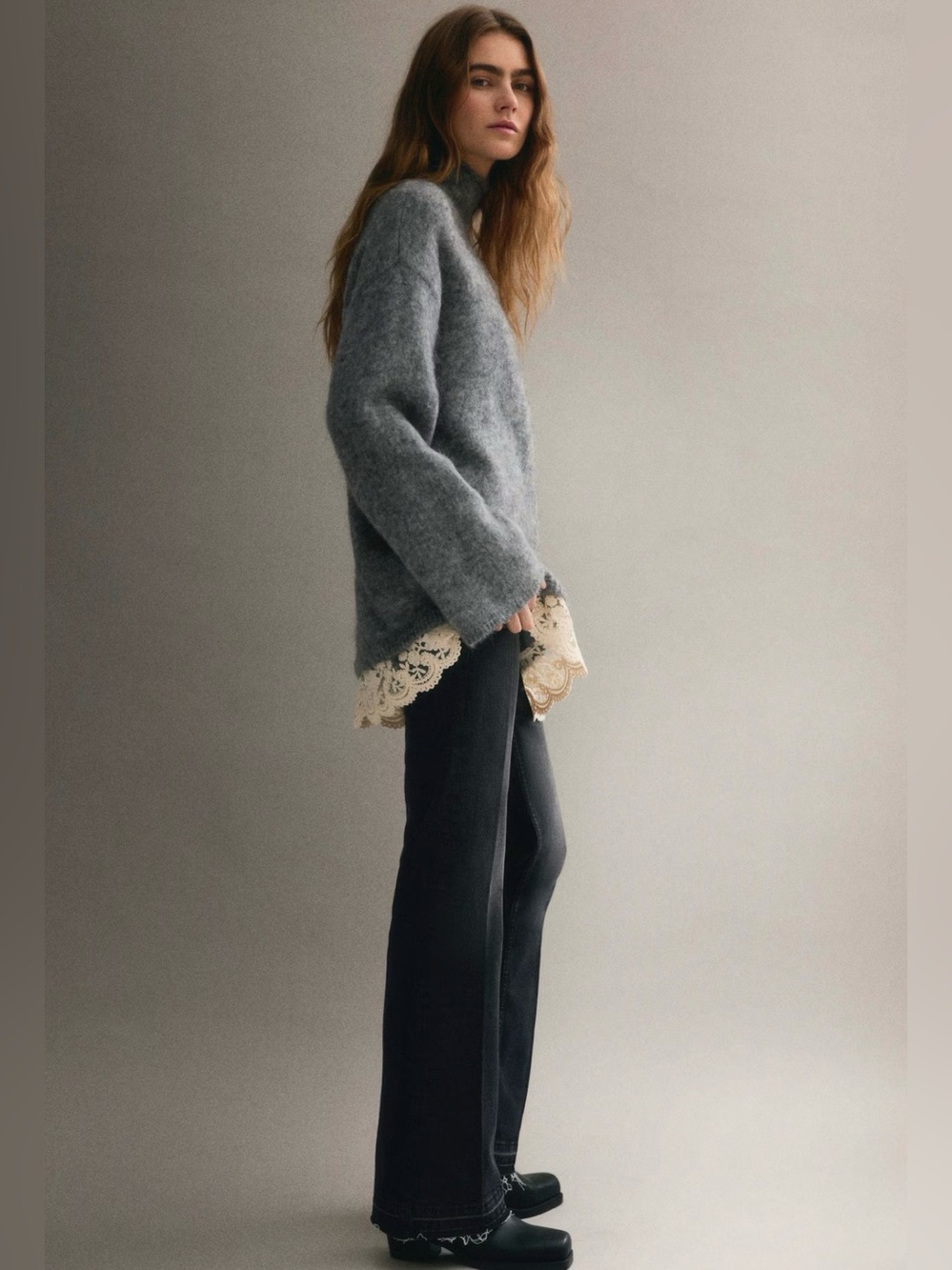 NWT H&M Lace-trimmed Mohair-blend Sweater (Gray Melange) 1324438001 Size S